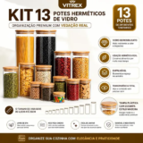 Kit 13 Potes Vidro Mantimentos Herméticos Com Tampa Bambu Alta Resistência 12 Litros Vitrex Transparente